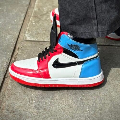 Nike air jordan one glossy blue white red high angle